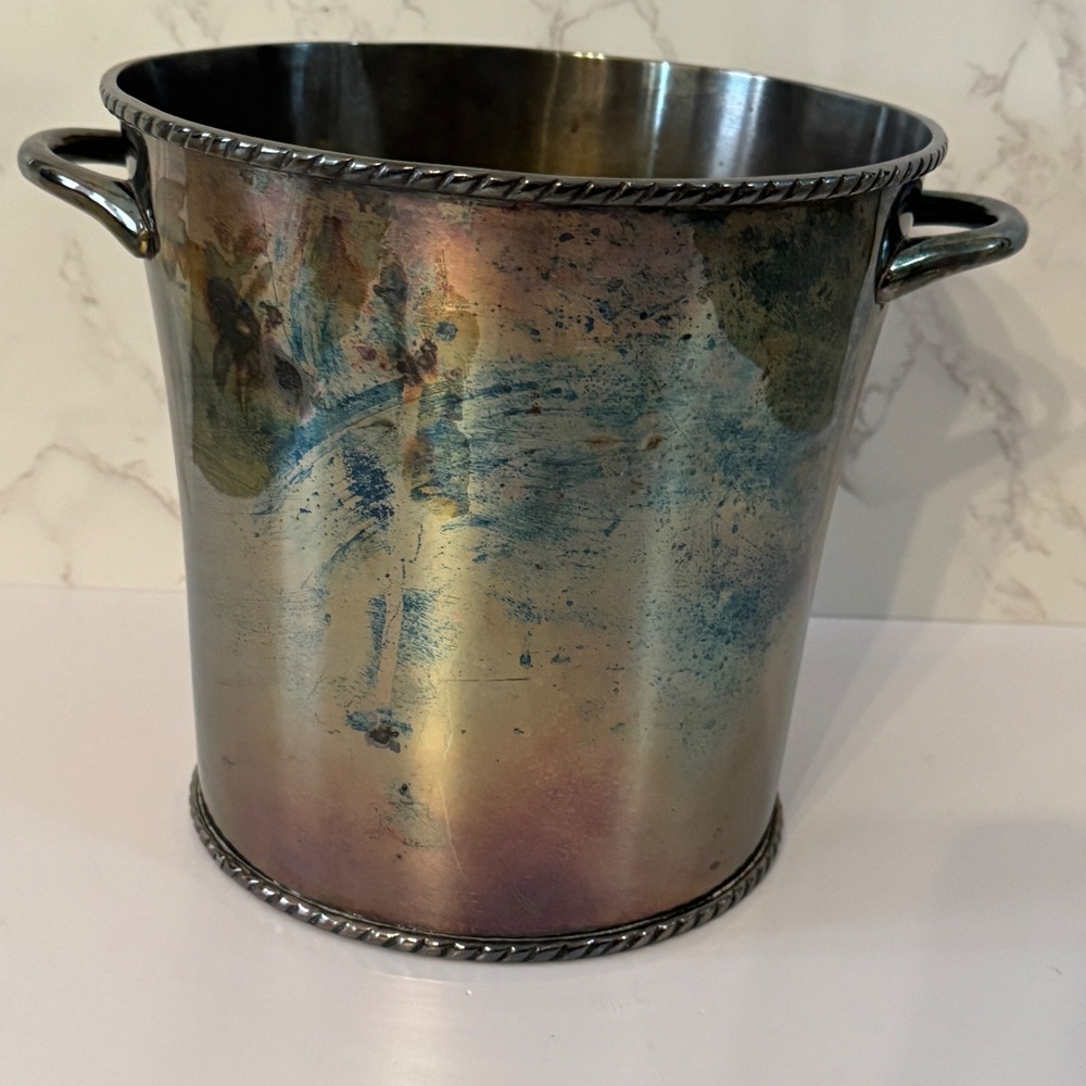 Pottery Barn Silver Plated Ice Bucket Rope Twist Trim Patina Barware 8 inch Vtg
